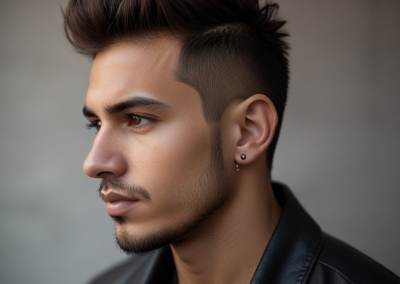Falso Mohicano (Faux Hawk): Una variación elegante y audaz del mohicano, el falso mohicano presenta cabello más corto en los lados con una franja de cabello más largo en el centro, peinado hacia arriba.