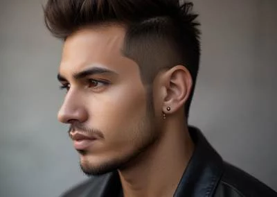 Falso Mohicano (Faux Hawk): Una variación elegante y audaz del mohicano, el falso mohicano presenta cabello más corto en los lados con una franja de cabello más largo en el centro, peinado hacia arriba.