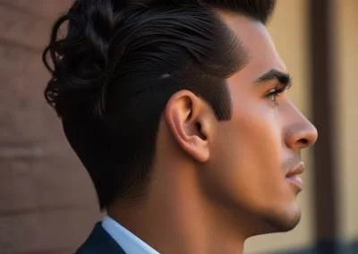 Pompadour: El pompadour se caracteriza por tener cabello largo en la parte superior que se peina hacia arriba y hacia atrás, creando un estilo voluminoso e inspirado en lo retro.
