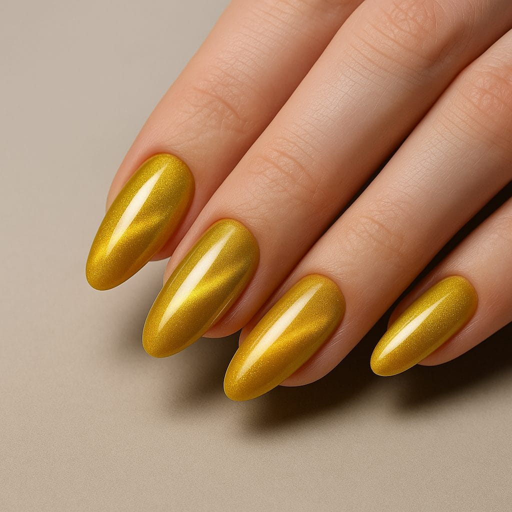 Amarillo Cat Eye – Manicure Audaz y Brillante en Chop Shop Tijuana Uña Cat Eye amarilla con reflejo dorado sobre fondo beige minimalista, mostrando su brillo solar.