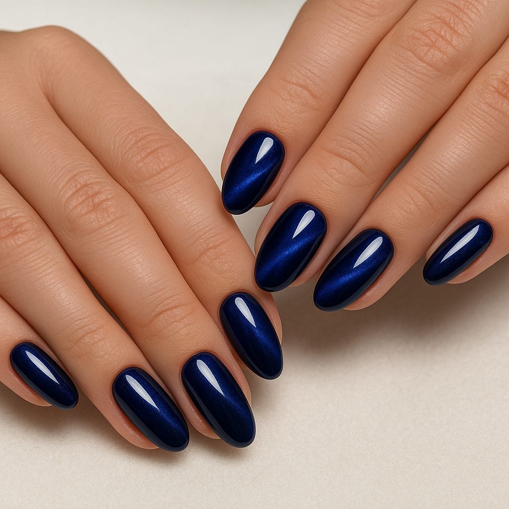 Azul Cat Eye – Elegancia Cósmica en Chop Shop Tijuana Ambas manos con uñas acrílicas azul Cat Eye sobre superficie blanca, mostrando reflejos cósmicos y profundidad brillante.
