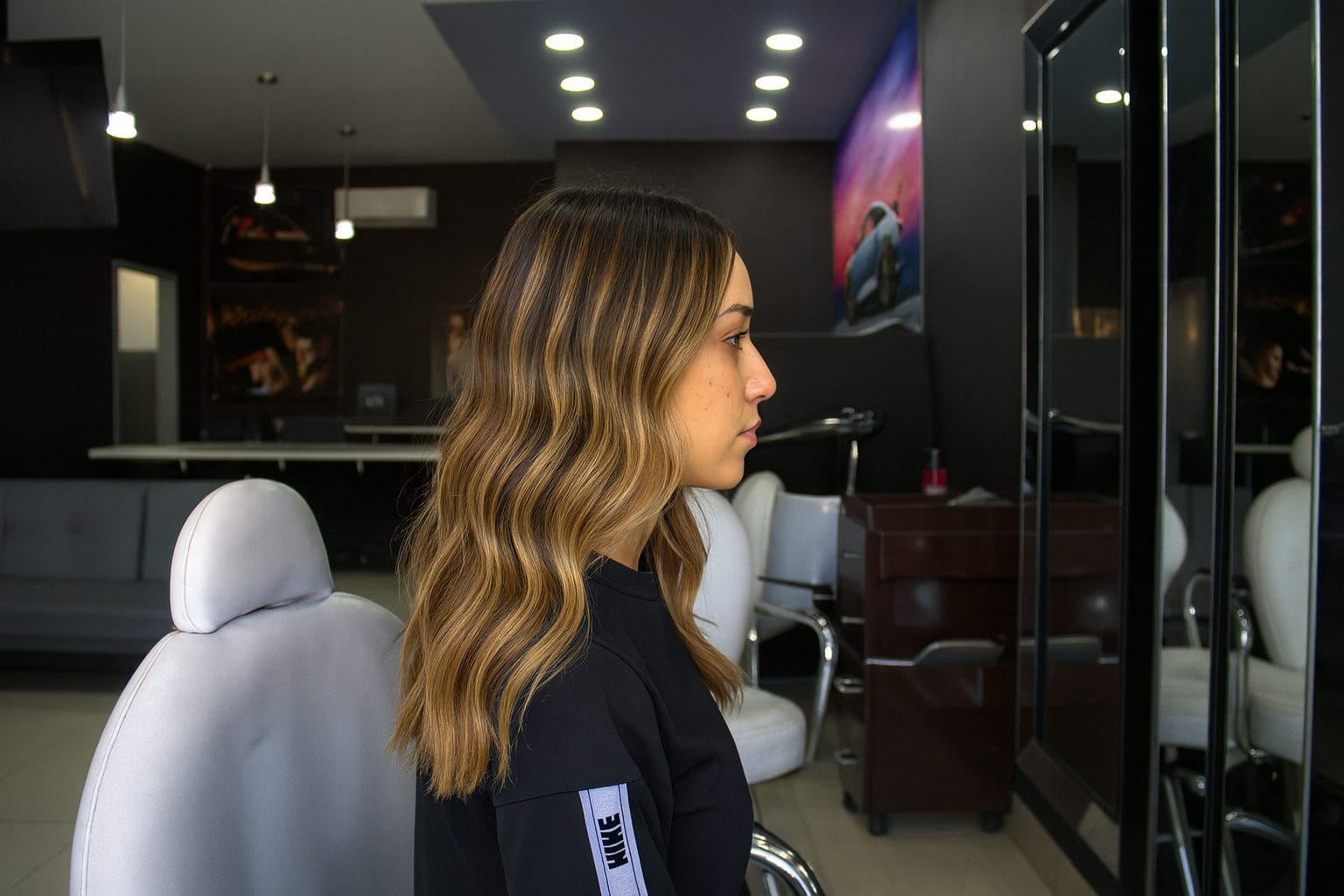 Balayage Olas de Arena mujer en Chop Shop salón con mechas arena dorada estilo balayage vista trasera