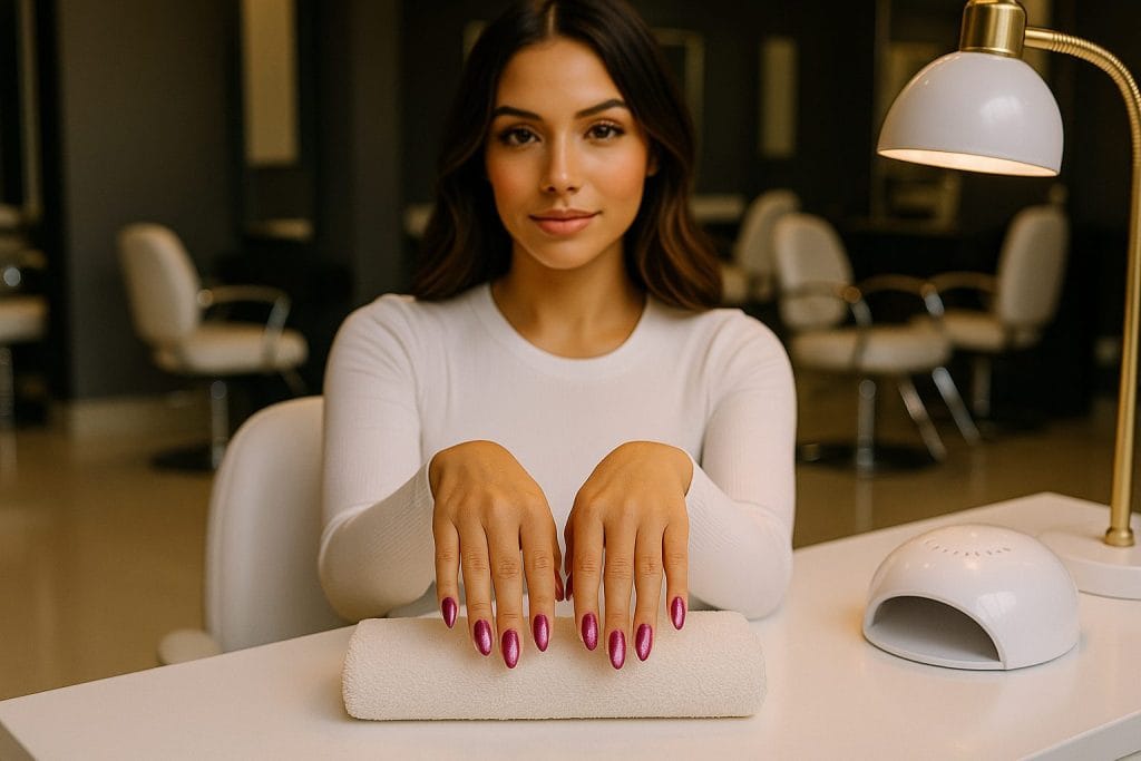 Mujer castaño mostrando uñas magenta brillantes ojo de gato o cat eyes en un elegante salón de manicura con iluminación cálida y fondo moderno.