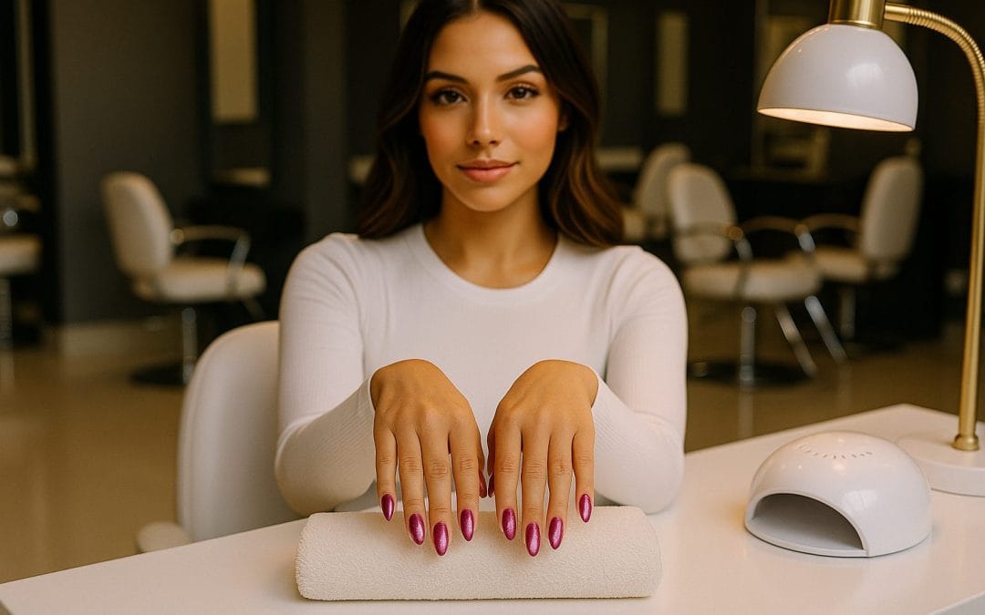 Mujer castaño mostrando uñas magenta brillantes ojo de gato o cat eyes en un elegante salón de manicura con iluminación cálida y fondo moderno.