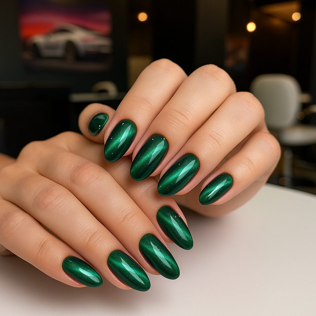 Verde Cat Eye – Uñas Acrílicas Misteriosas en Chop Shop Tijuana Manos con uñas acrílicas verde Cat Eye sobre mesa blanca en Chop Shop Salón de Belleza Tijuana, mostrando reflejo magnético elegante.