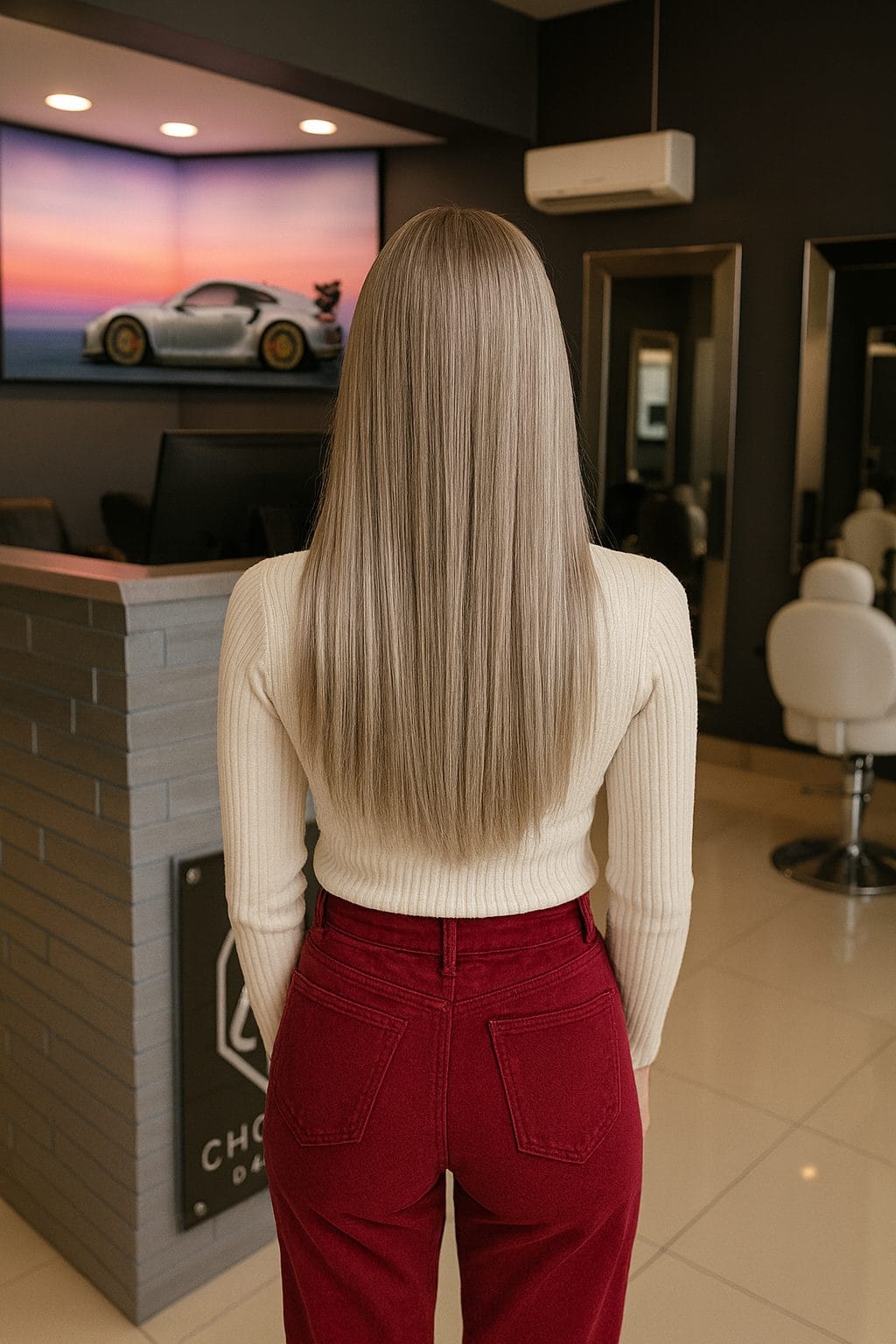 Los tonos ceniza y beige claro evocan la frescura del mar. Es una excelente opción si buscas un look moderno, con un toque sofisticado y minimalista para la transición entre estaciones. Tinte Rubio en un Mujer en Chop Shop Salon de Belleza
