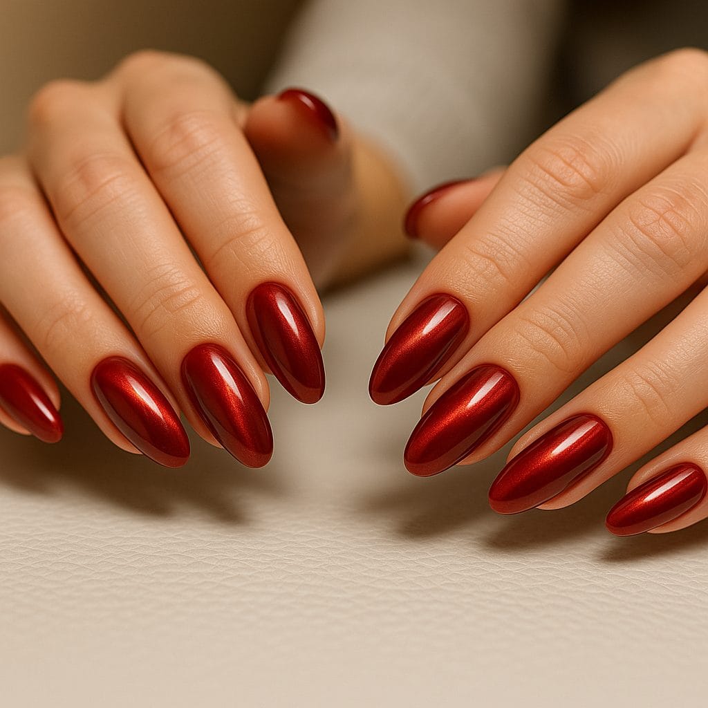 Rojo Cat Eye – Manicure Seductora y Atemporal en Chop Shop Tijuana Manos con uñas rojas Cat Eye de brillo intenso sobre fondo beige texturizado, mostrando línea de reflejo magnética y acabado glossy.